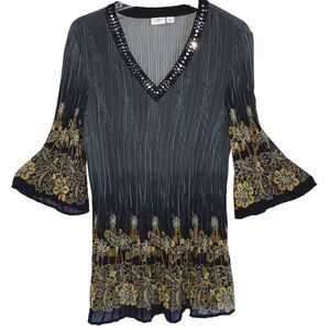 CATO 14 - 16W Accordion Crinkle  Pleat Sequin Tunic Top Charcoal Umber Neutral